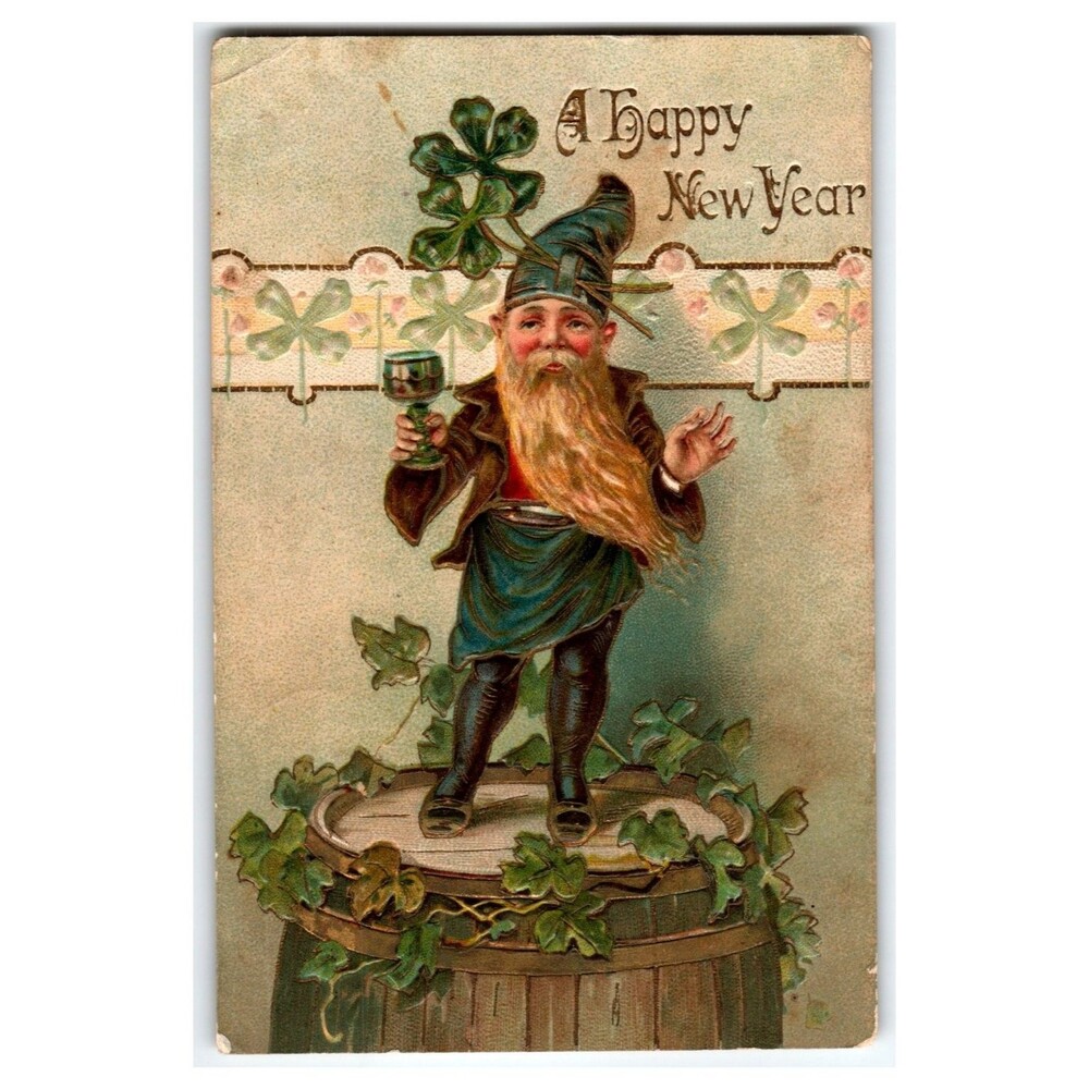 Vintage New Year Gnome Postcard 1907 Embossed German Illustrated PC Co